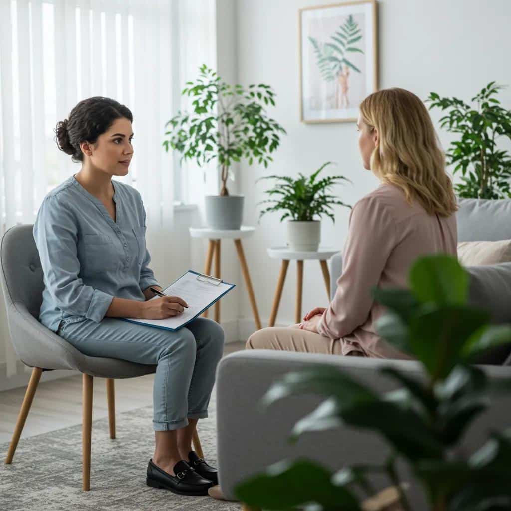 A mother engaged in a therapy session, illustrating the effective treatment options available for postpartum depression