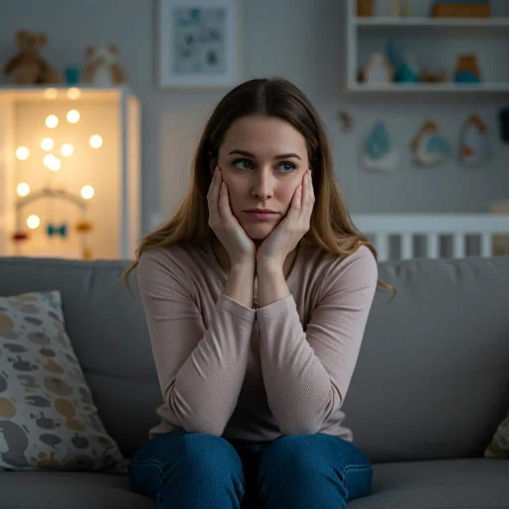 A new mother looking thoughtfully on a couch in a nursery, reflecting the emotional challenges often associated with baby blues