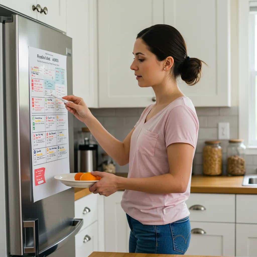 A new mother using a visual checklist in her kitchen, demonstrating practical coping strategies for postpartum ADHD challenges