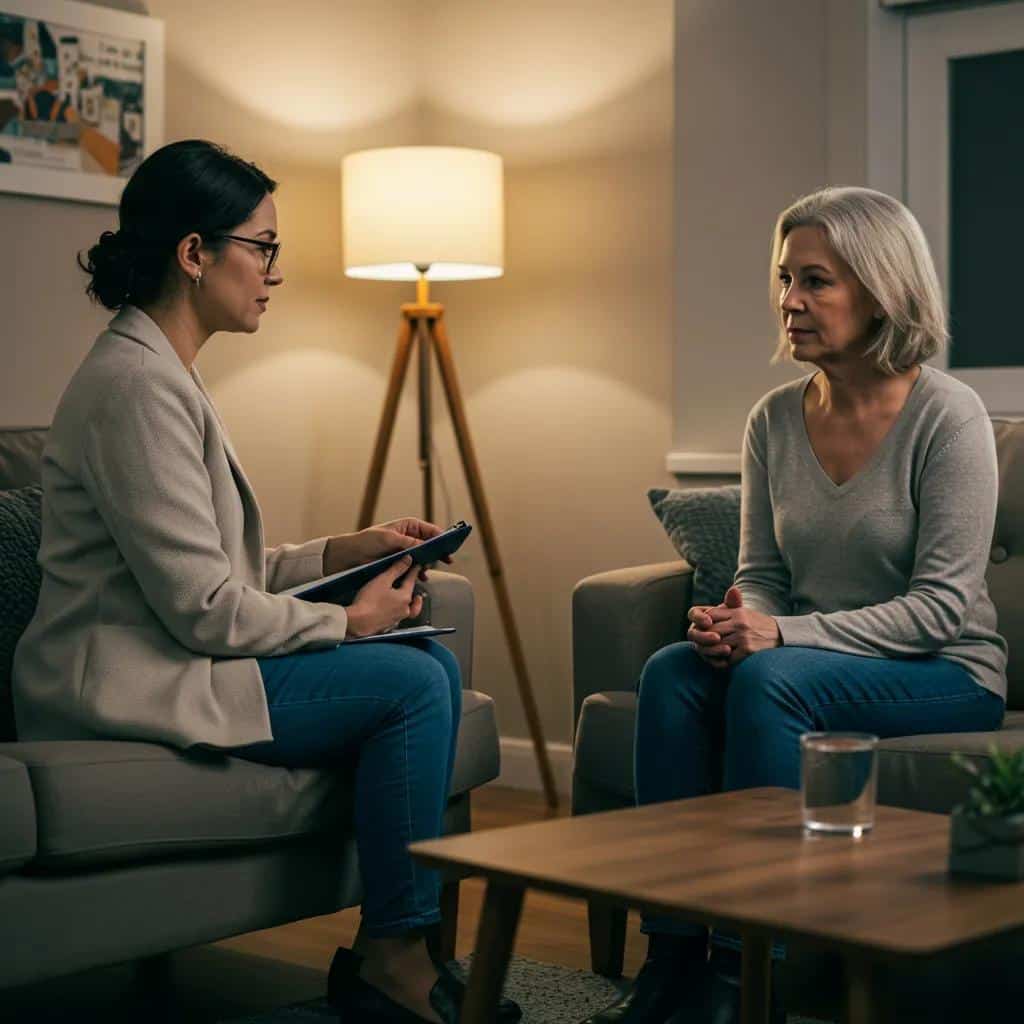 A compassionate therapist providing trauma-informed care to a woman in a supportive, healing environment