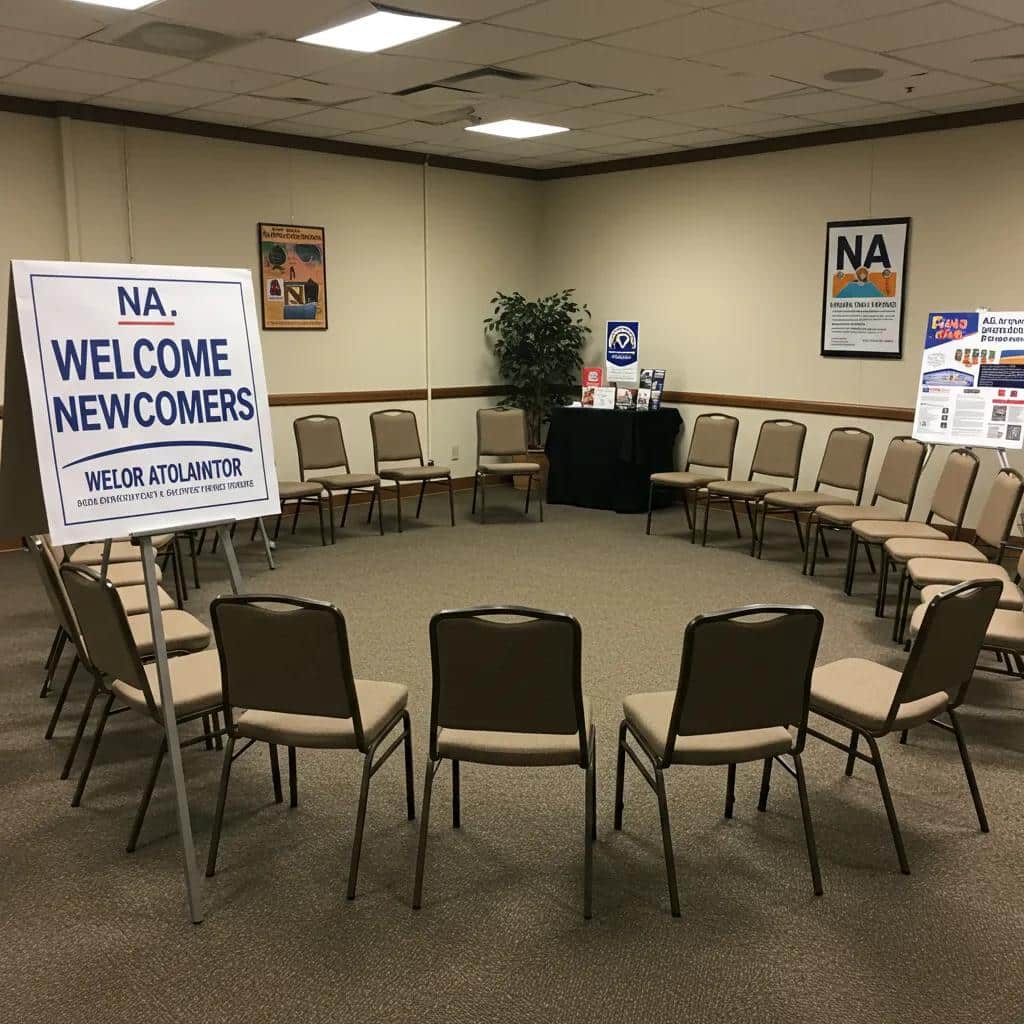 Welcoming NA meeting space for newcomers, emphasizing community and support