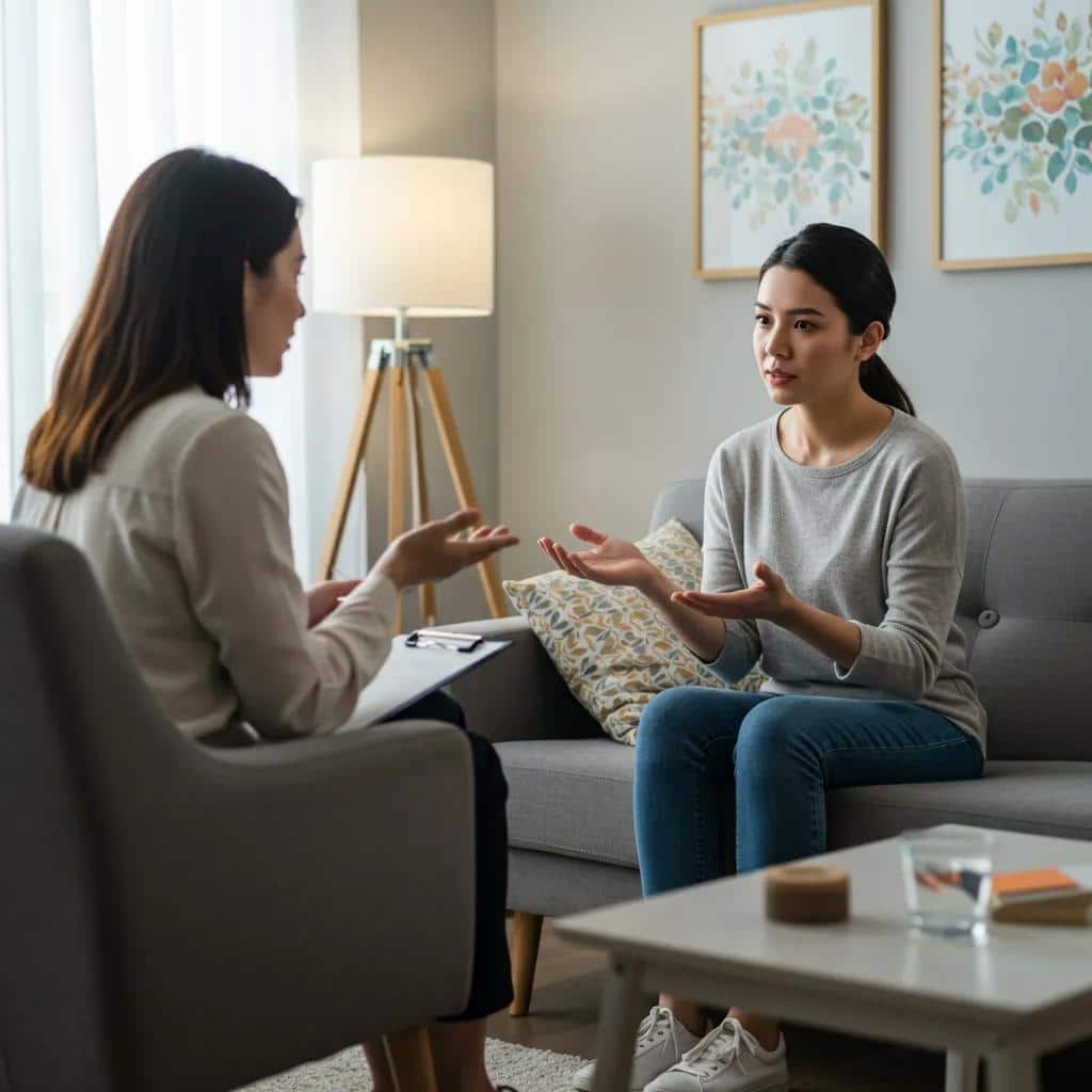 A woman in a supportive therapy session, exploring her mental health journey and benefits