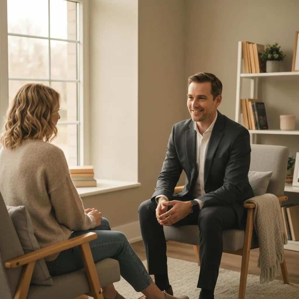 Woman in a therapy session discussing treatment options for seasonal affective disorder
