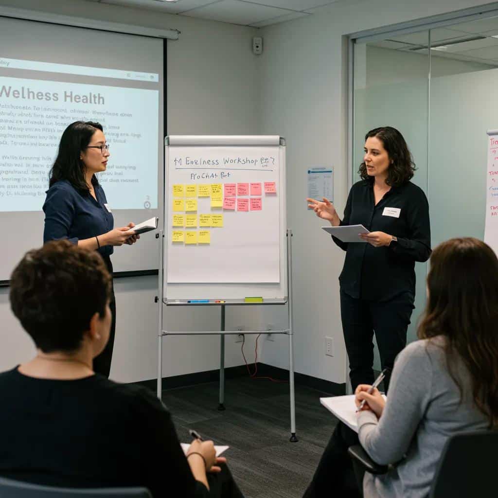 A woman engaging in a supportive wellness workshop focused on mental health