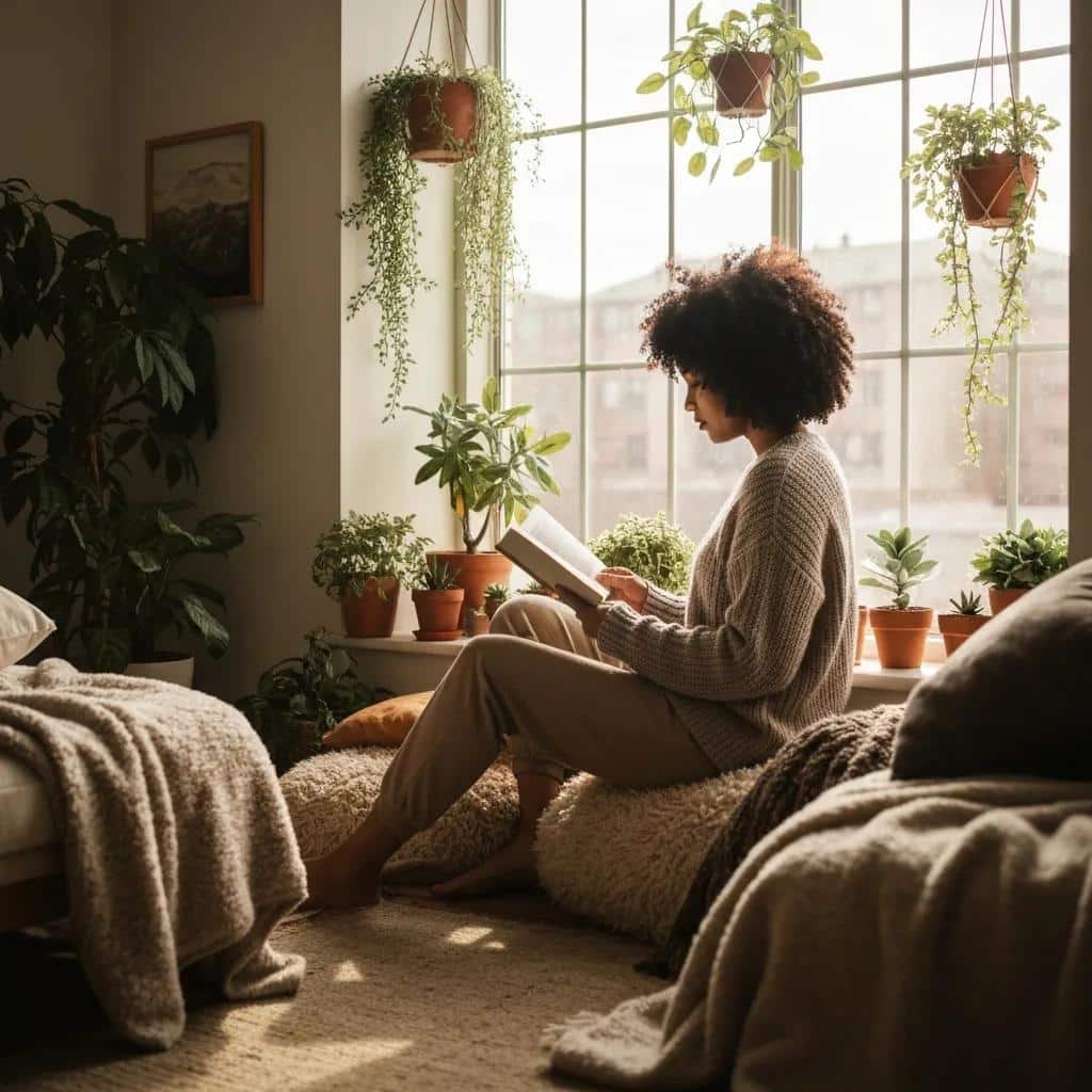 Woman practicing self-care indoors to combat winter blues