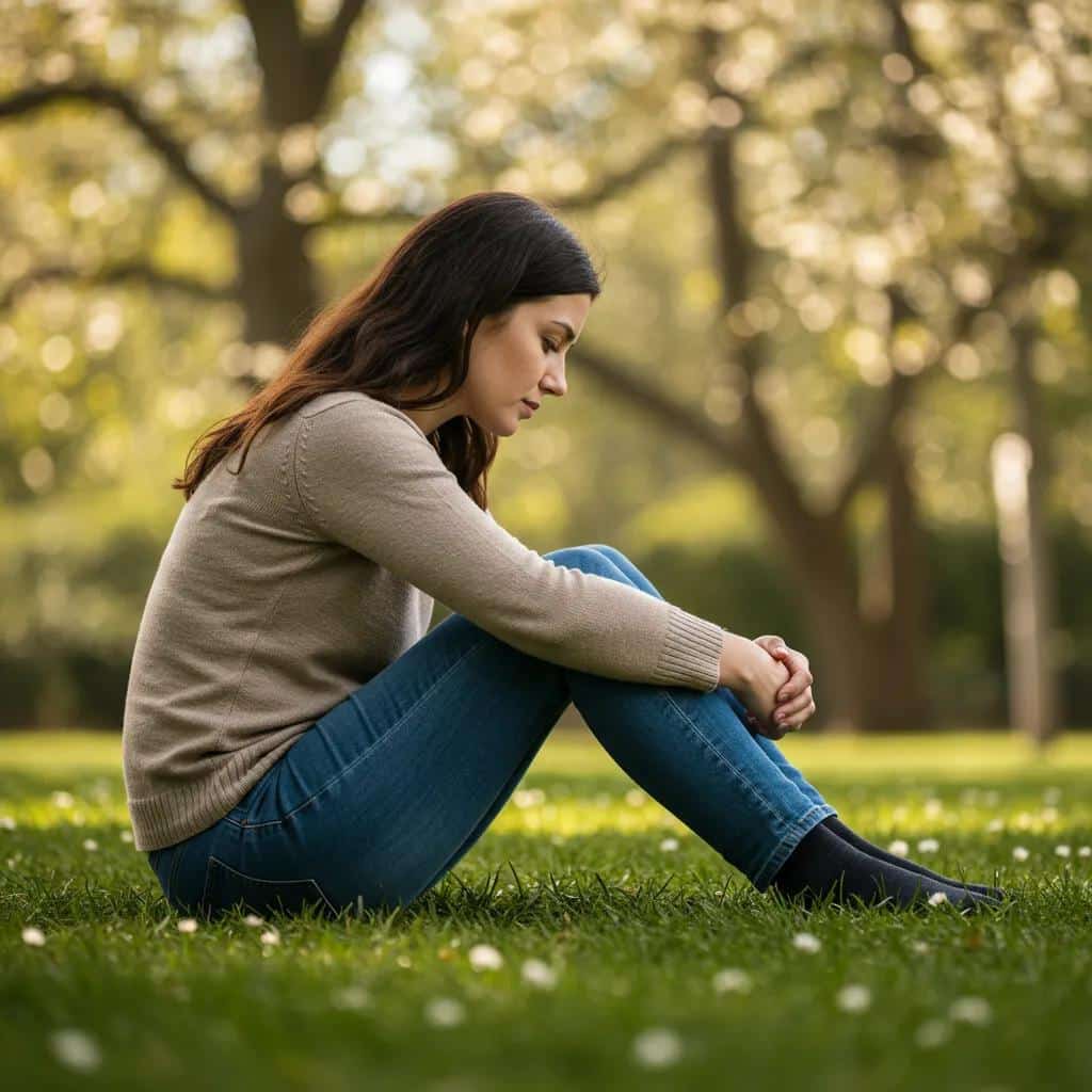 A woman finding a moment of peace outdoors, symbolizing reflection on mental well-being