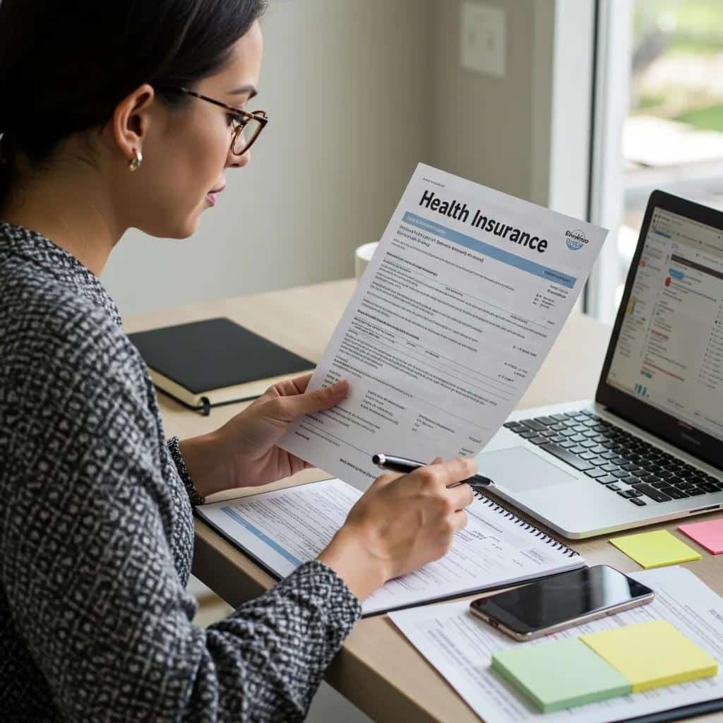 A woman thoughtfully reviewing her health insurance documents, taking control of her coverage understanding