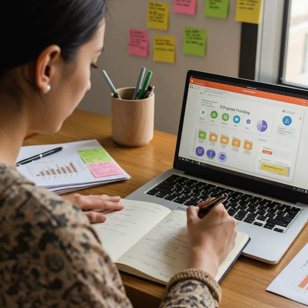 A woman thoughtfully tracking her progress in OCD treatment, using a journal and digital tools to monitor her recovery journey with hope