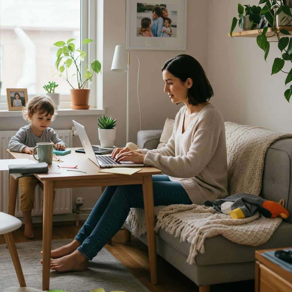 A professional woman balancing work and caregiving responsibilities from home, highlighting flexibility