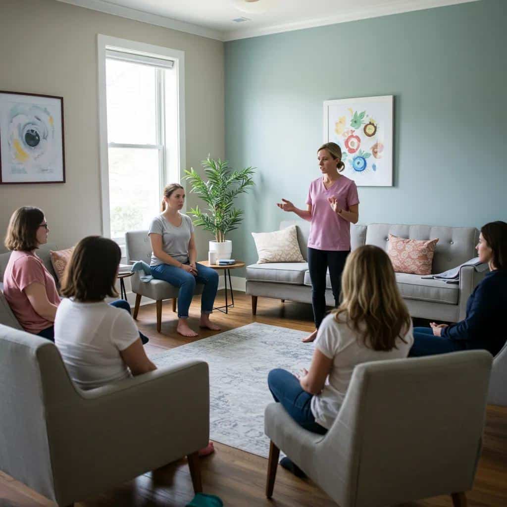 Women practicing calming grounding exercises in a trauma-informed group therapy setting
