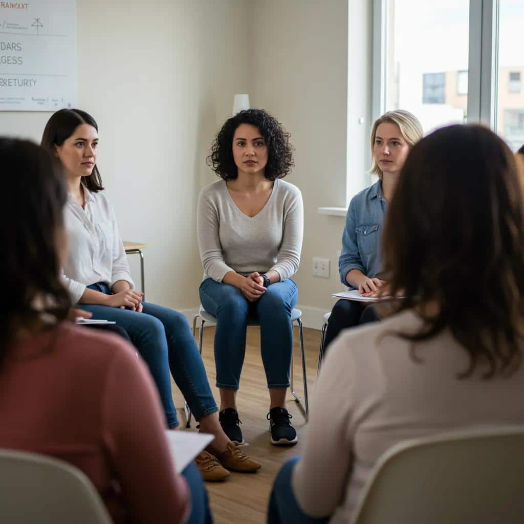 Women connecting and sharing in a gender-specific therapy session, fostering trust and support in mental health care