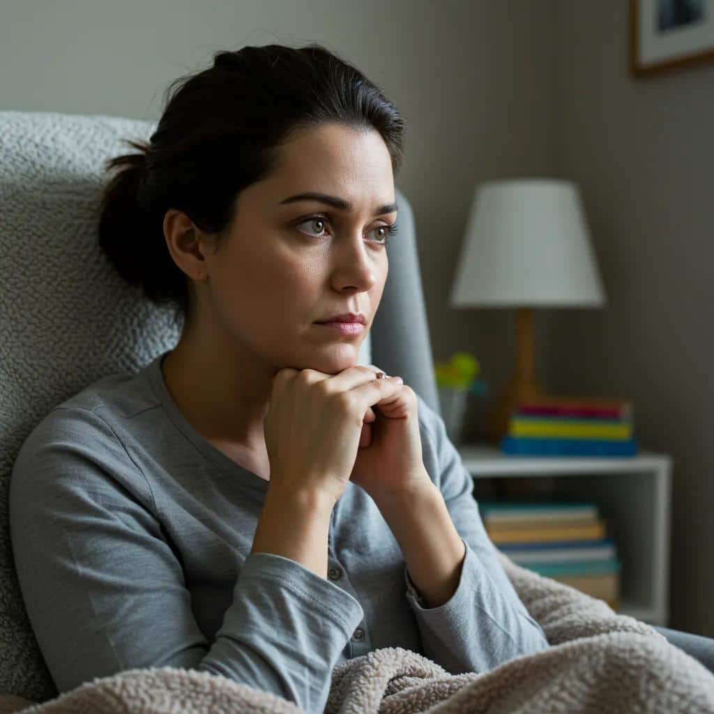 A contemplative mother in a cozy setting, reflecting the emotional challenges and deep thoughts often associated with postpartum depression