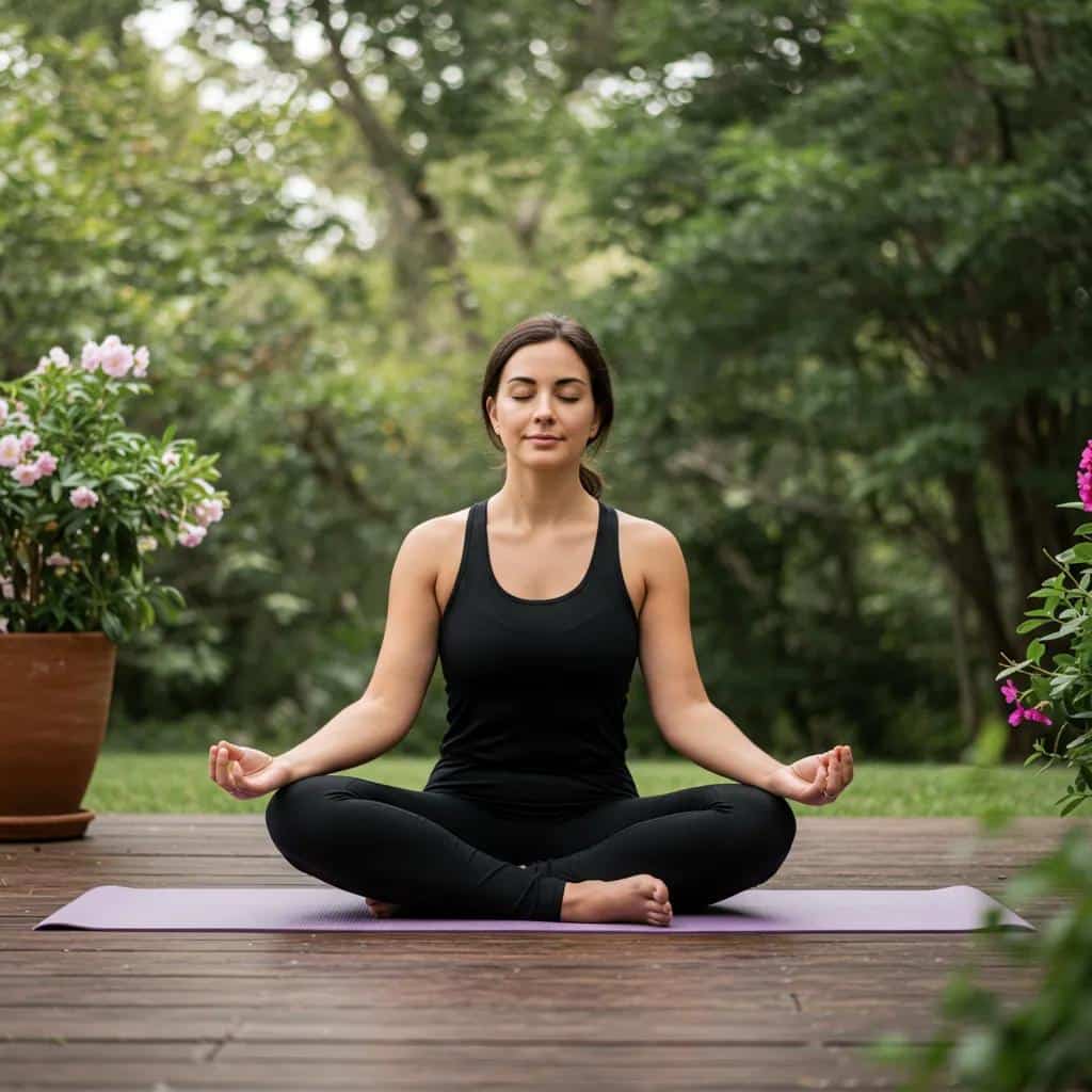 A mother practicing mindfulness in a serene natural setting, illustrating effective coping strategies for postpartum intrusive thoughts
