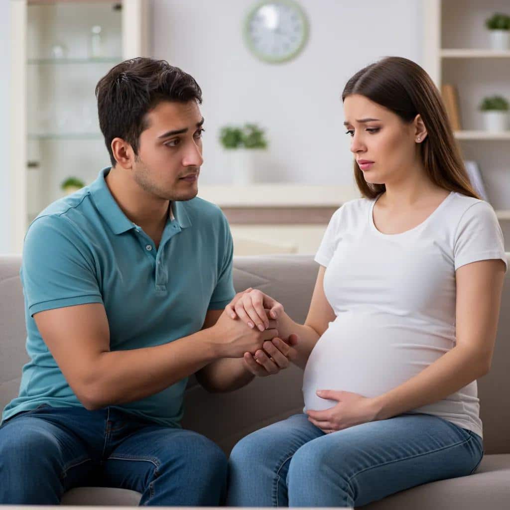 A supportive partner offering comfort to a pregnant woman experiencing anxiety