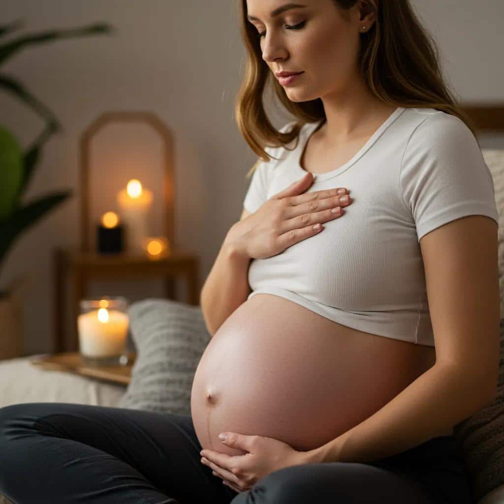 A pregnant woman calmly practicing controlled breathing for panic relief