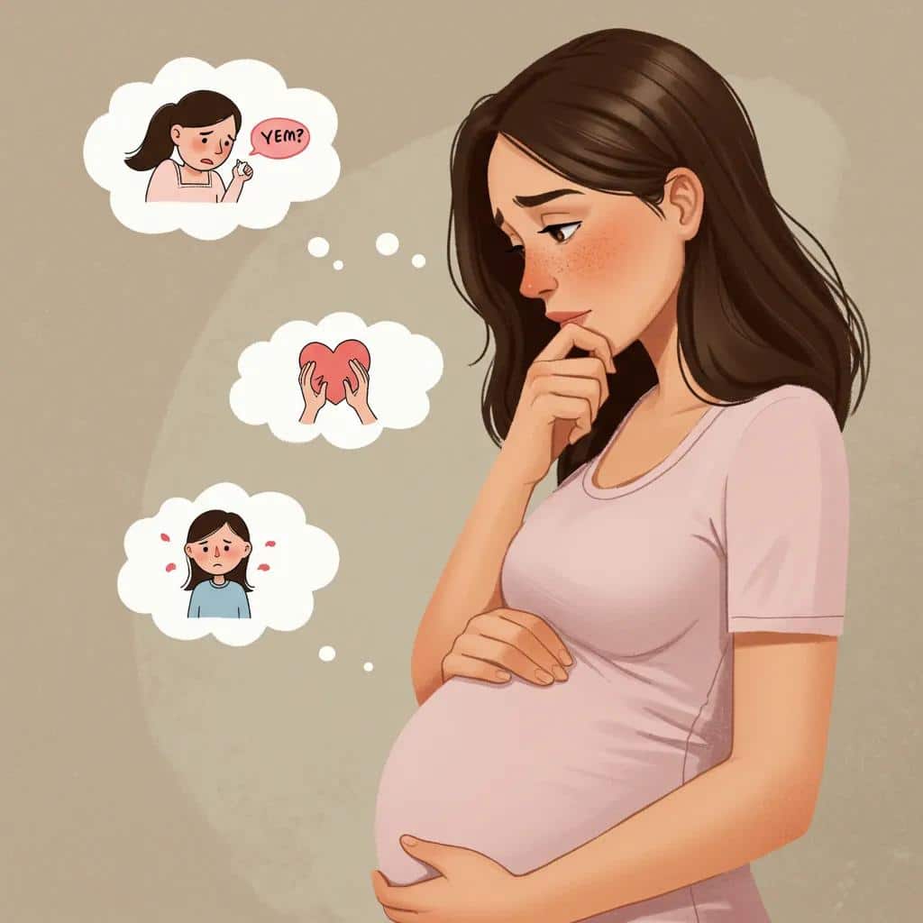 A pregnant woman with thought bubbles, illustrating typical intrusive thoughts experienced with OCD during pregnancy