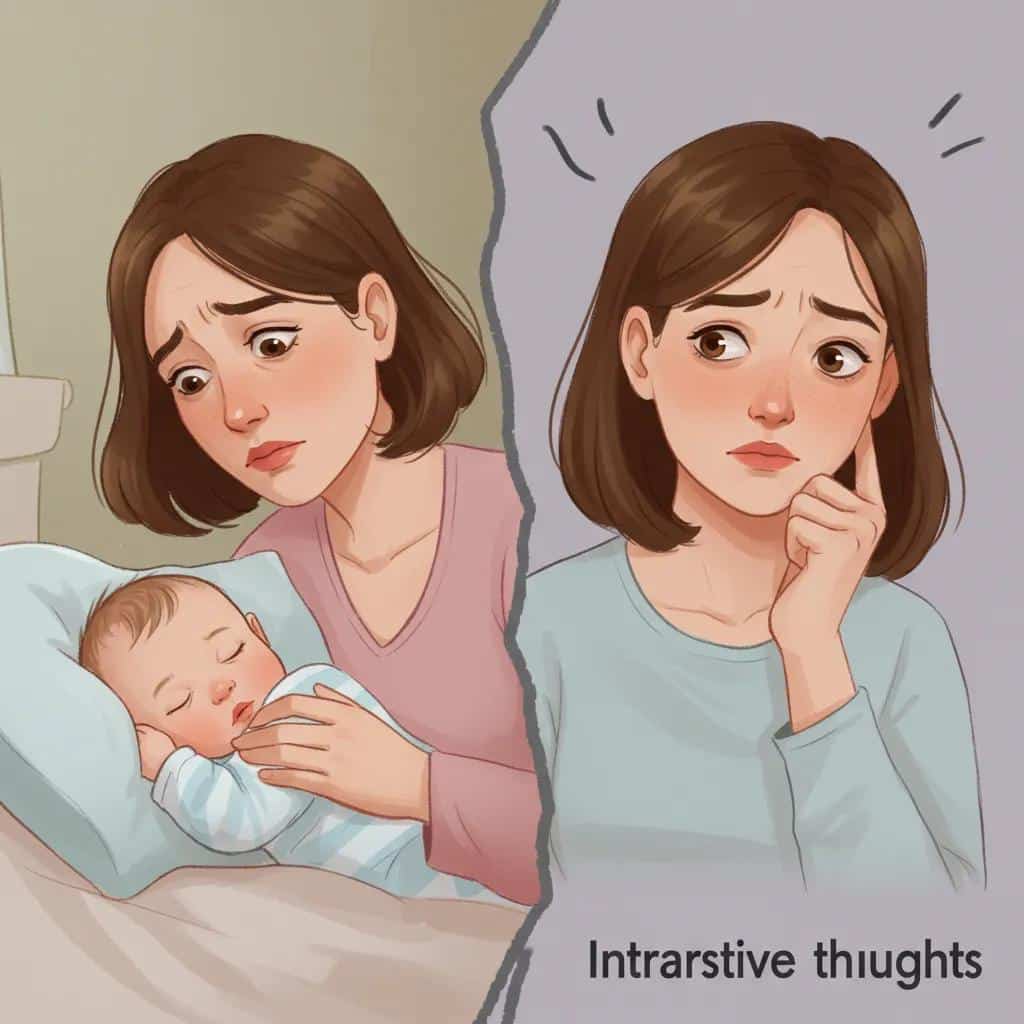 A split image depicting a mother experiencing anxiety and intrusive thoughts, representing the complexities of postpartum mental health