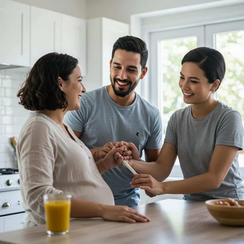 A supportive family environment featuring a mother, partner, and friend, highlighting the vital role of community resources in maternal mental health