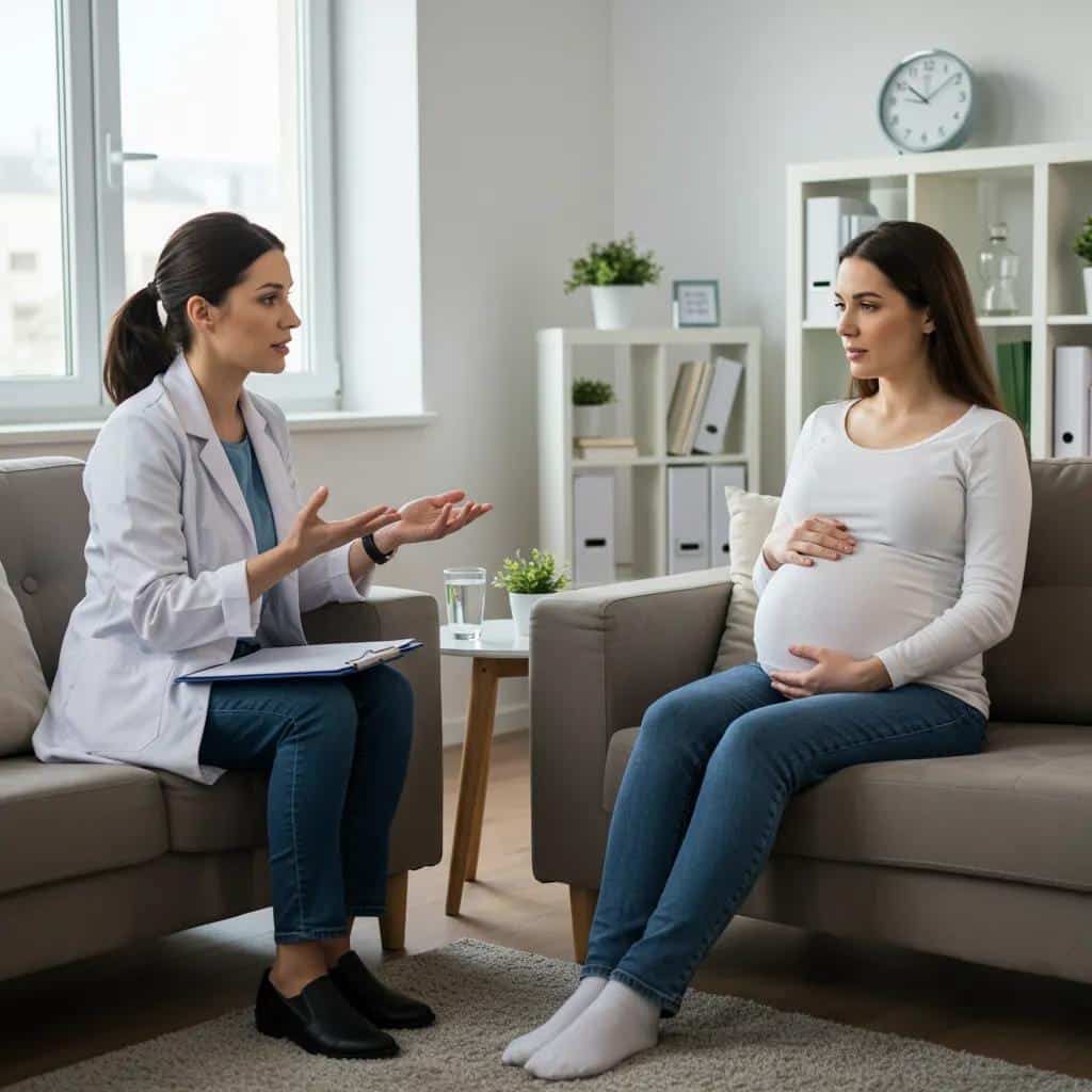 A compassionate therapist guiding a pregnant woman through Cognitive Behavioral Therapy techniques for OCD treatment