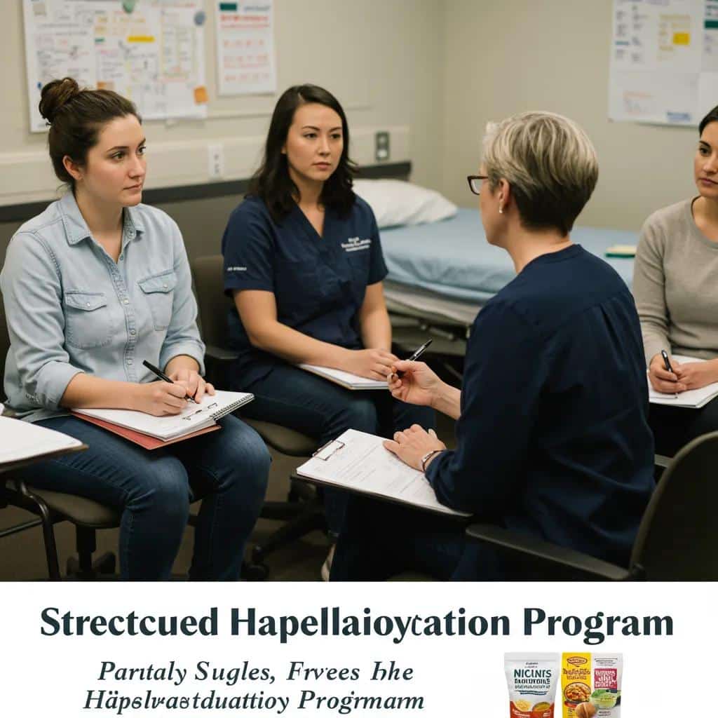 Therapist guiding a supportive group discussion in a Partial Hospitalization Program for women recovering from eating disorders