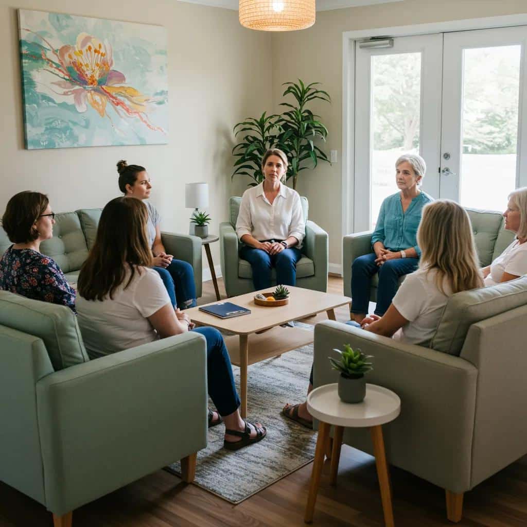 A compassionate therapist leading a supportive group therapy session for women at a mental health retreat