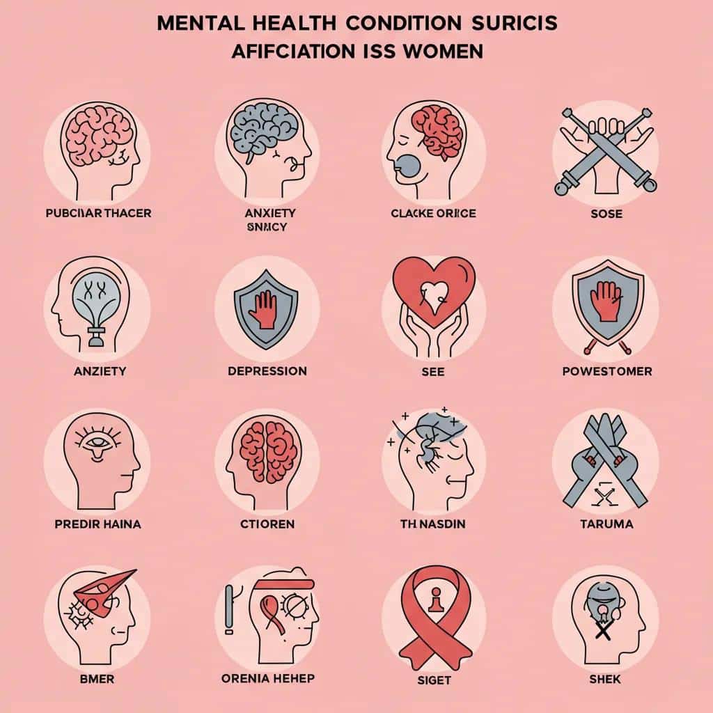 Graphic showing common mental health conditions treated in women's therapy