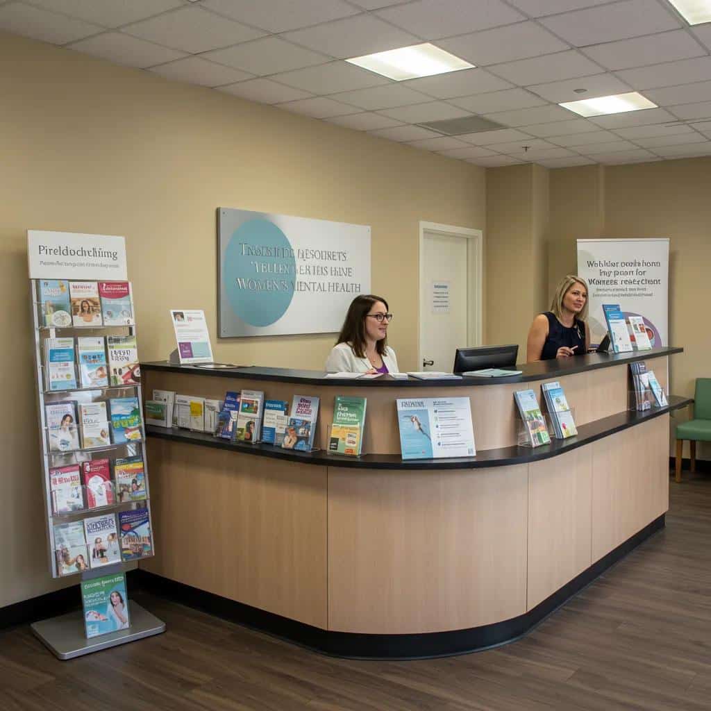 A welcoming resource center for women's mental health with friendly staff and informational materials