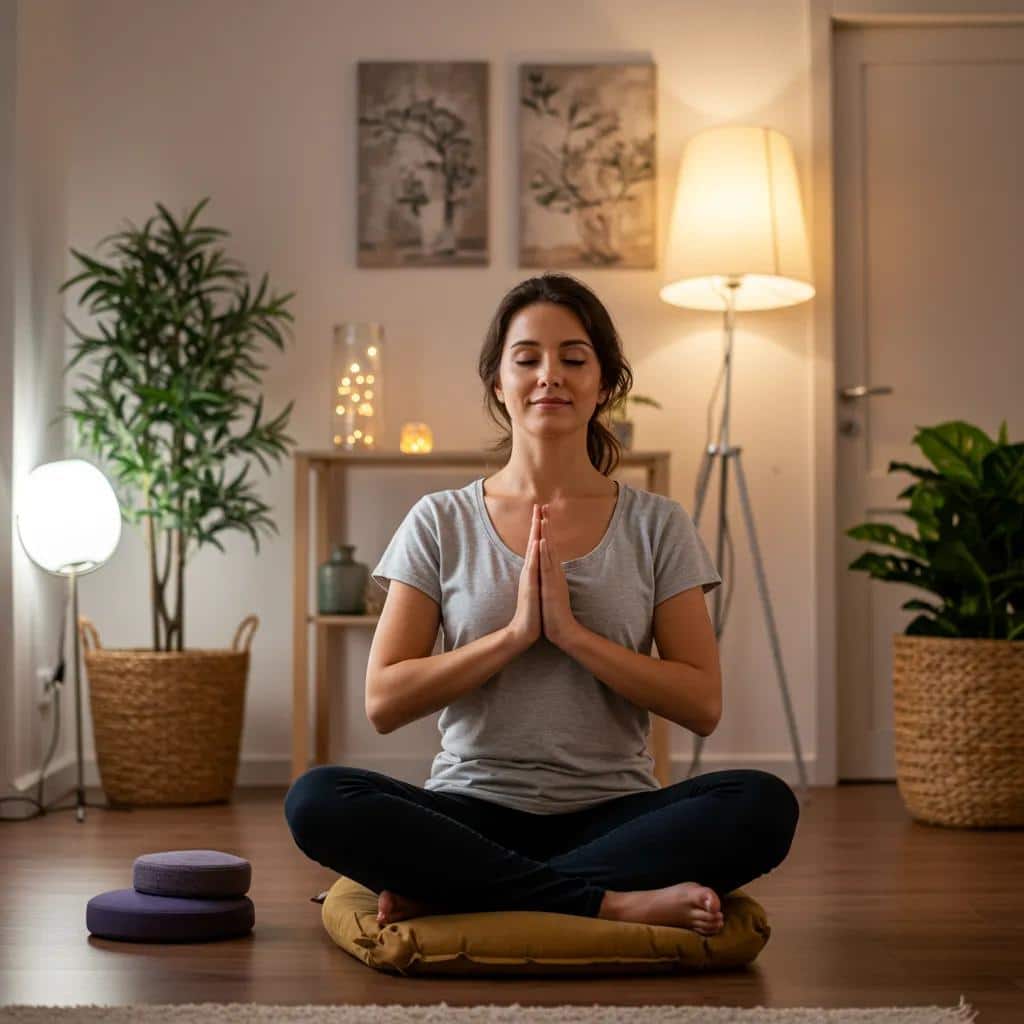 A woman meditating in a serene setting, embracing mindfulness for emotional balance and inner resilience
