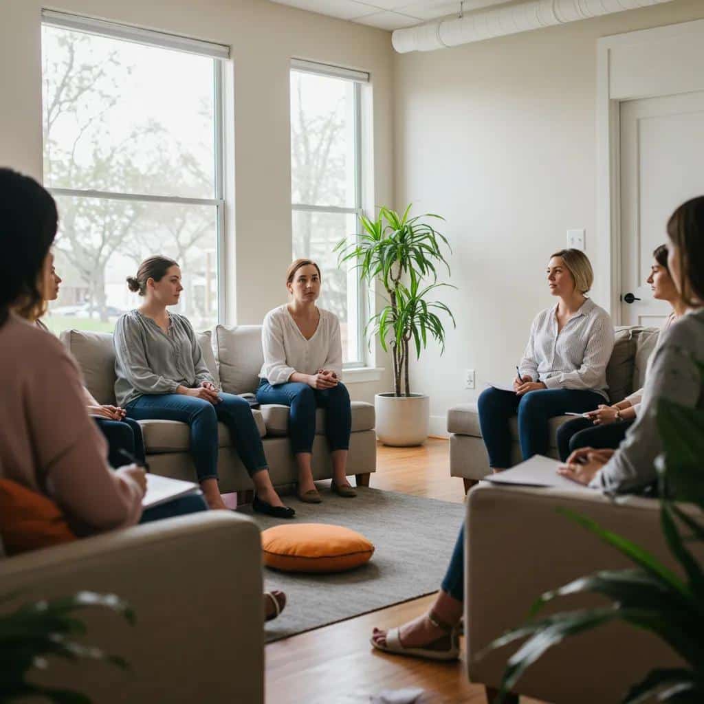 Women finding strength and connection in a supportive therapy group, showcasing the benefits of gender-specific rehab for co-occurring disorders.