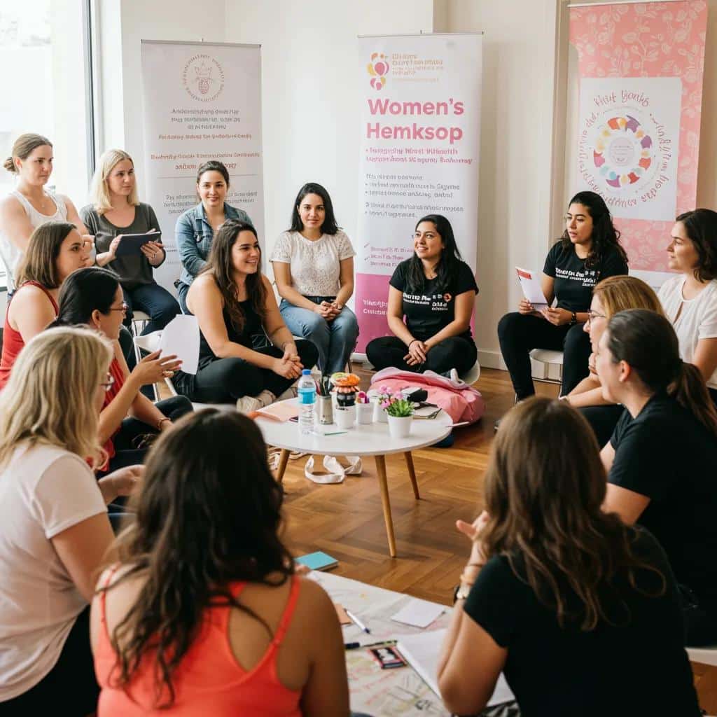 Women taking part in a community wellness workshop, sharing resources and support