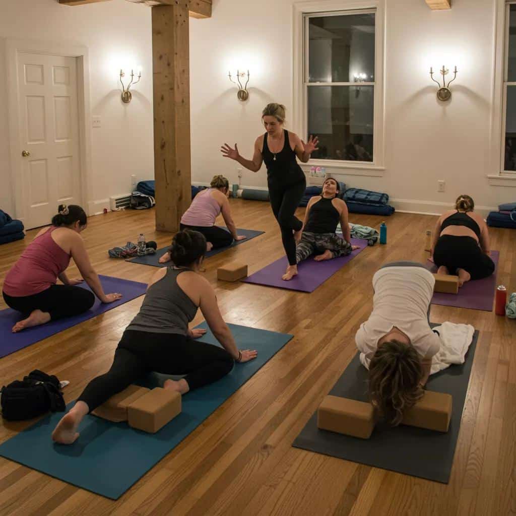 Women finding safety and emotional support in a trauma-informed yoga class