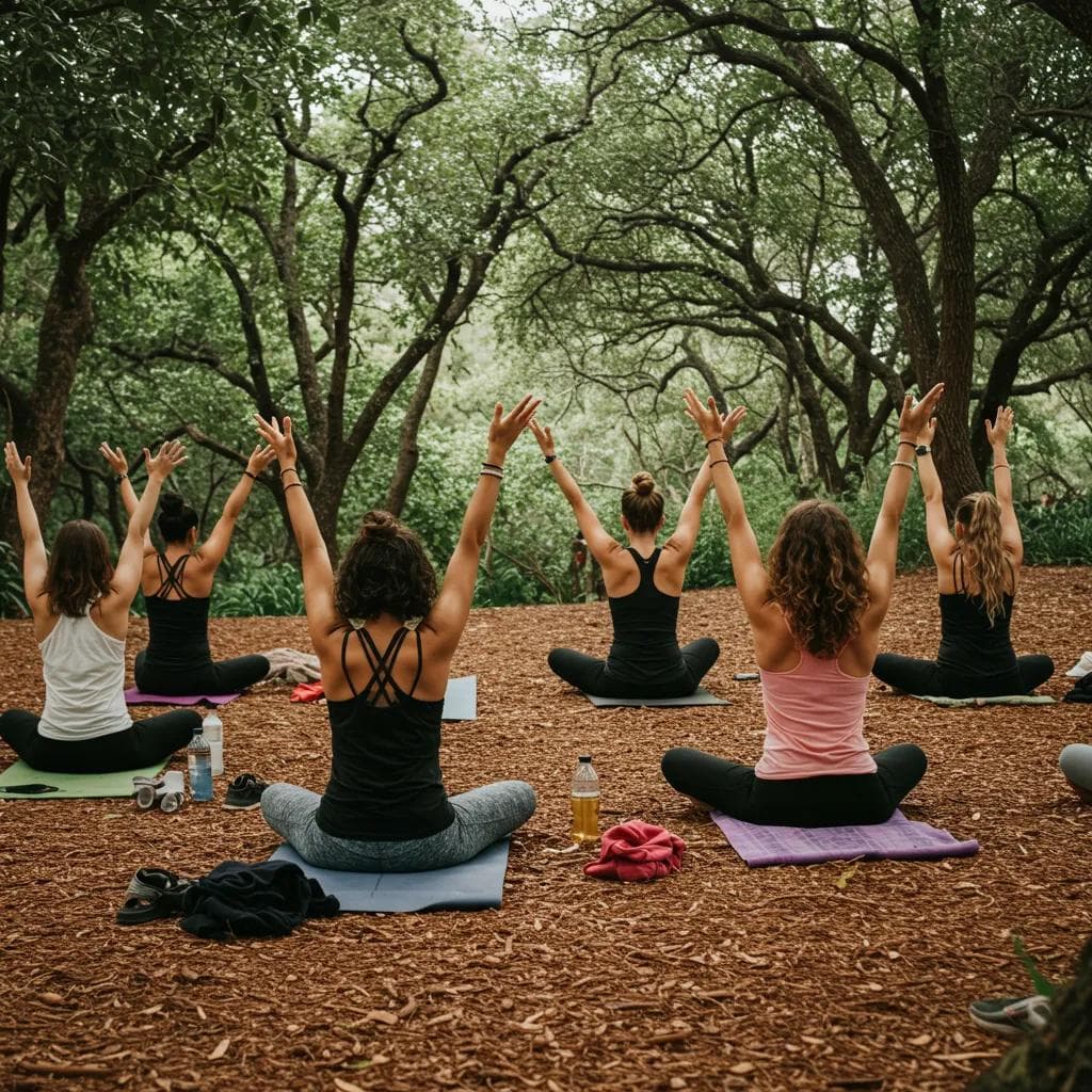Women finding peace in outdoor yoga, illustrating holistic approaches to enhance depression treatment