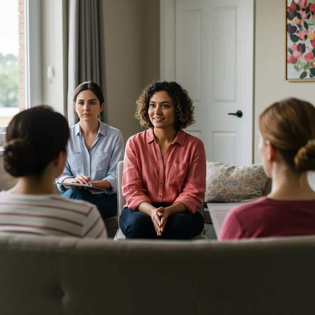 Women sharing experiences in a supportive, gender-specific therapy group for eating disorder treatment, fostering connection