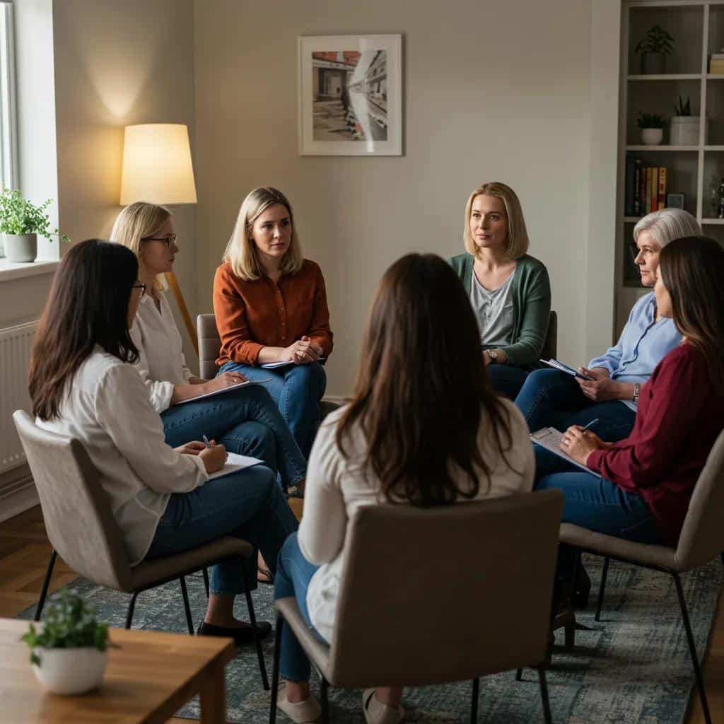 Women connecting and sharing experiences in a supportive therapy group at a mental health retreat