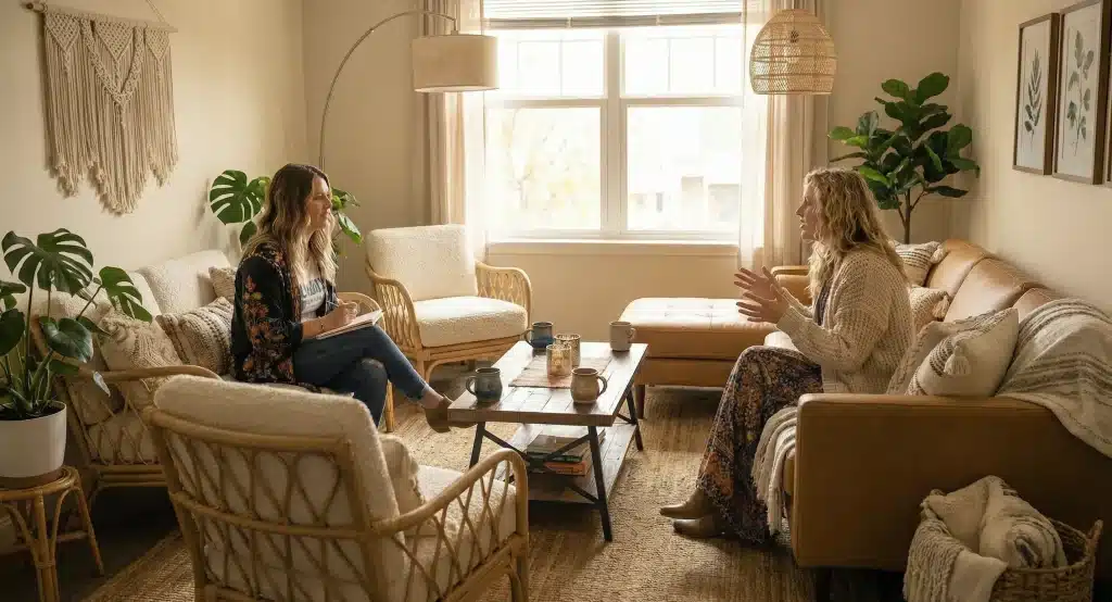 Two women sharing in a group therapy session at Sun County Wellness