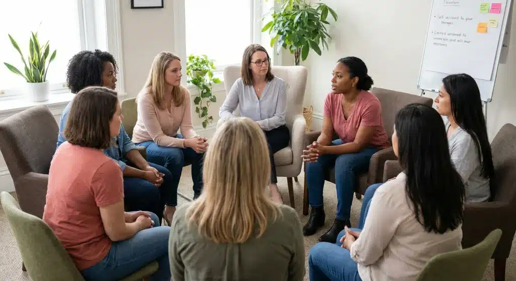 Group therapy session supporting women with behavioral health and addiction