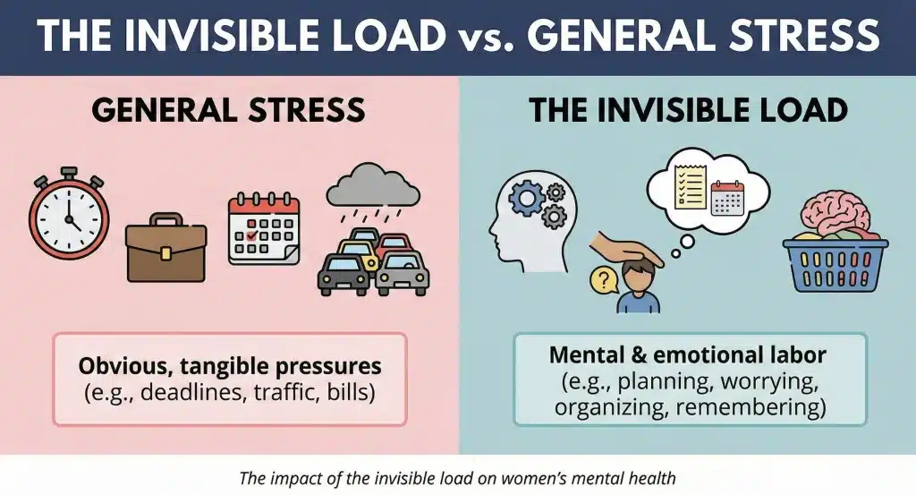 Illustration showing the impact of the invisible load on women's wellbeing