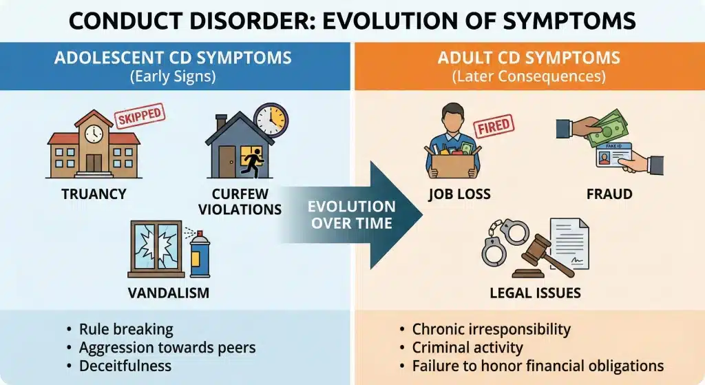 Chart showing how conduct disorder symptoms can progress from childhood into adulthood