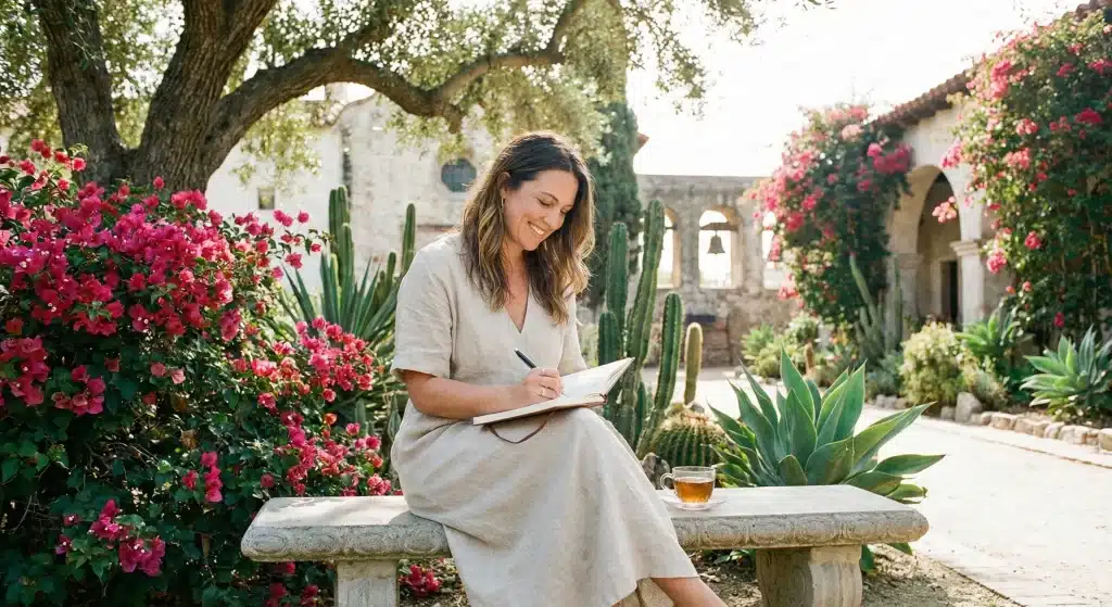 Smiling woman walking near a mission wall in San Juan Capistrano after recovery