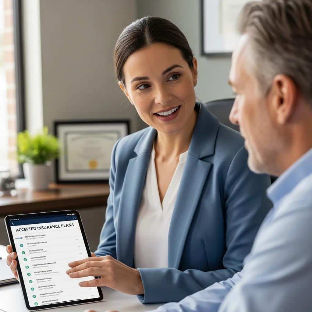 Insurance agent discussing accepted plans with a patient in a welcoming office