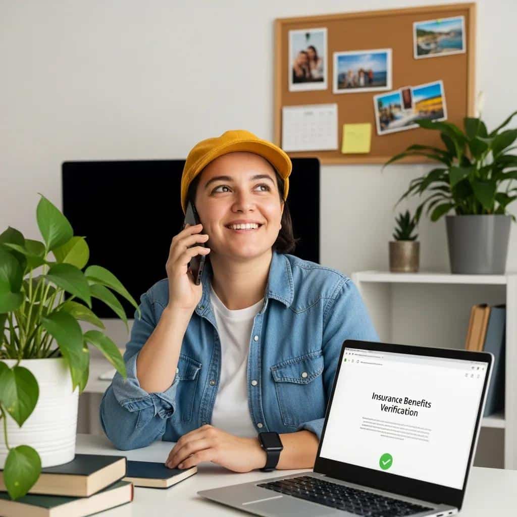 Person happily verifying mental health insurance benefits on the phone in a home office