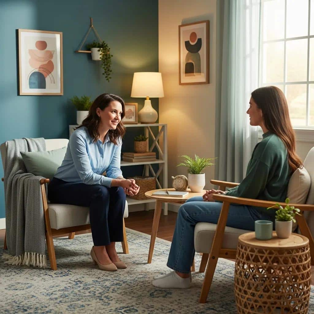 Therapist and woman in a compassionate therapy session, showing trauma-informed care