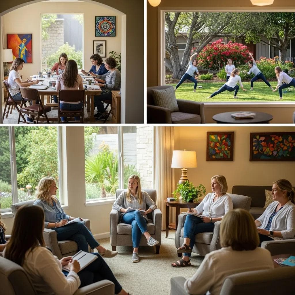 Women engaging in therapeutic activities at a residential treatment center, promoting healing and empowerment