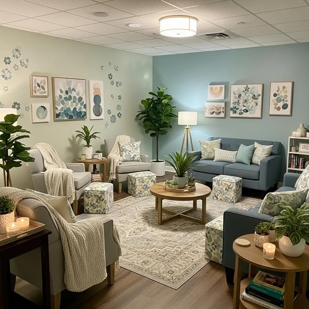 A calming therapy room designed for women-only treatment, promoting safety and tranquility