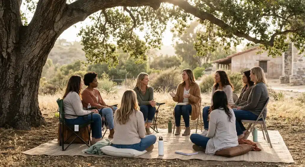 Group therapy session in a bright, comfortable clinical space