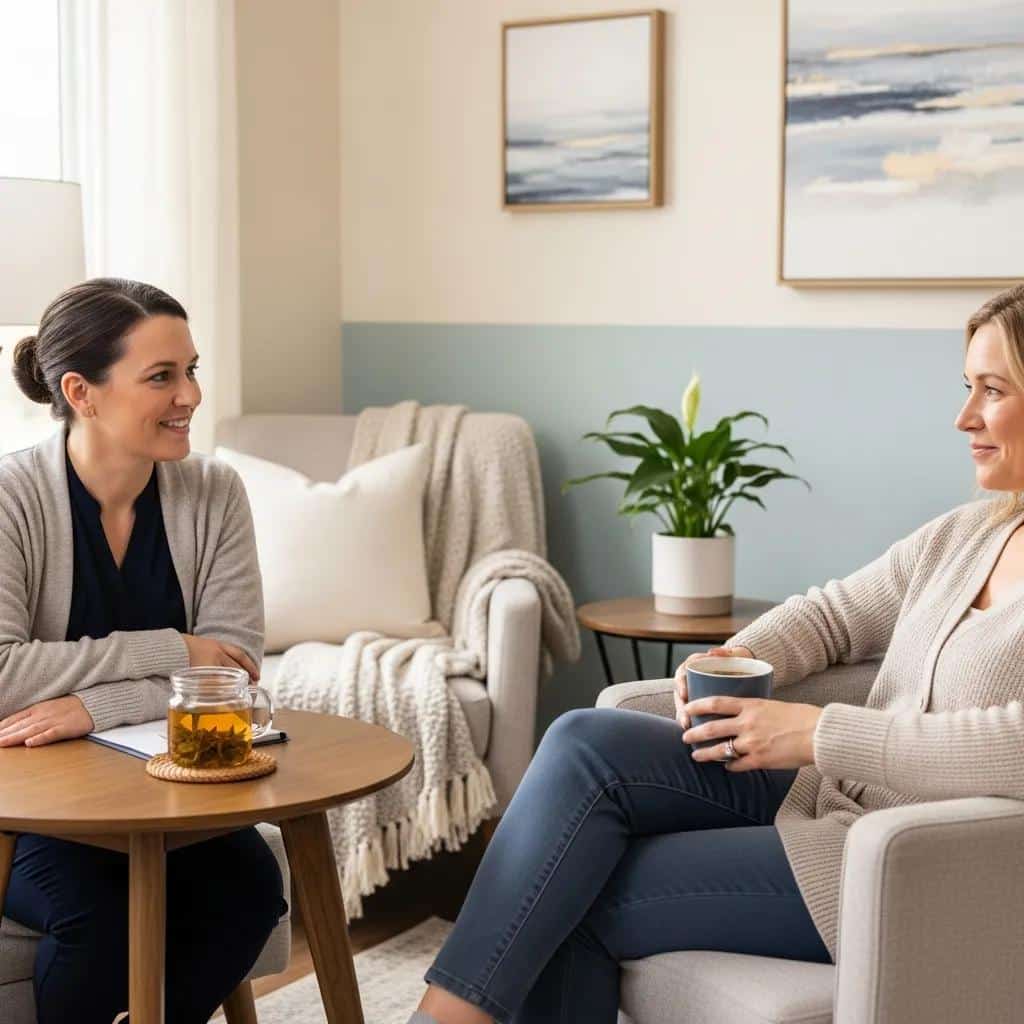 Compassionate interaction between a staff member and a woman during the admission process, highlighting trauma-informed care