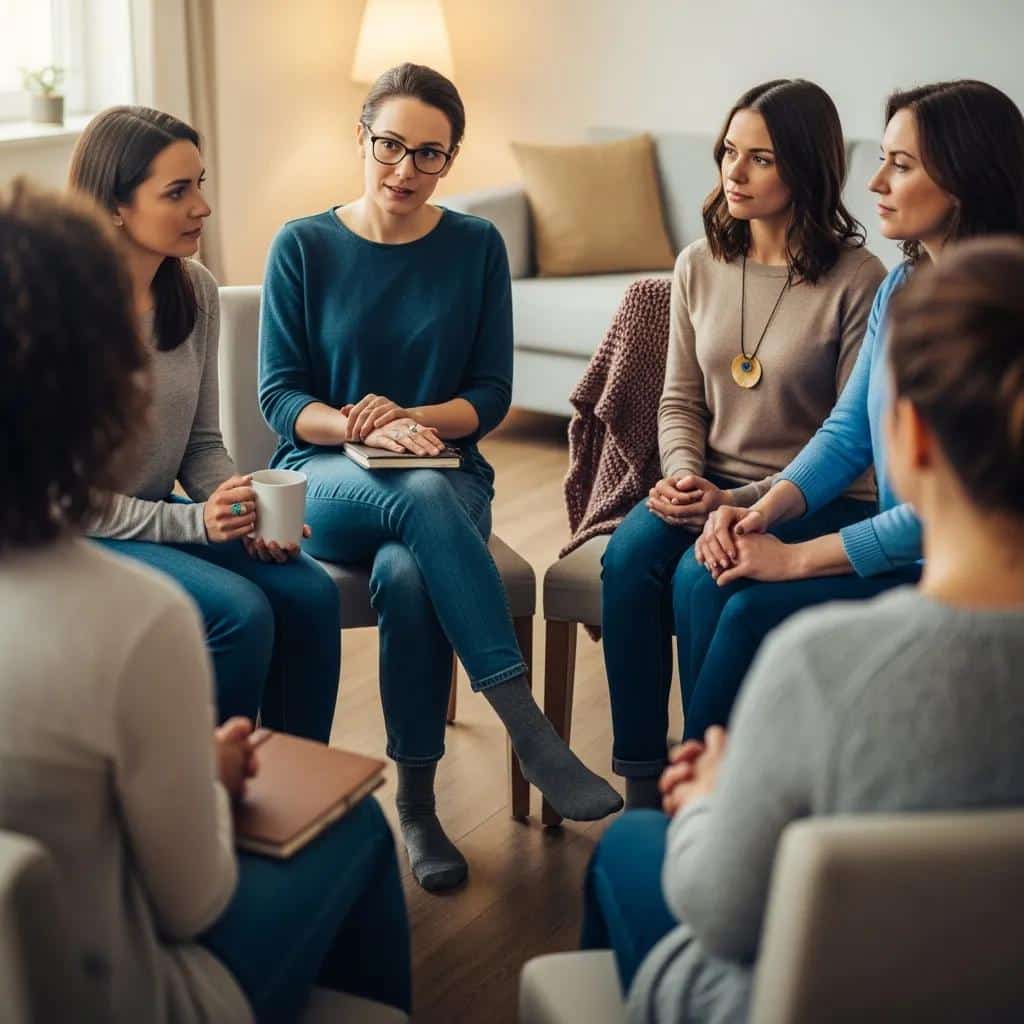Diverse women in a supportive circle sharing experiences in a community support group