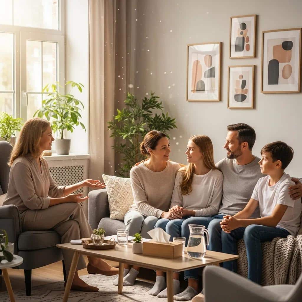 Family therapy session in a warm environment, highlighting open communication and support in breaking addiction cycles