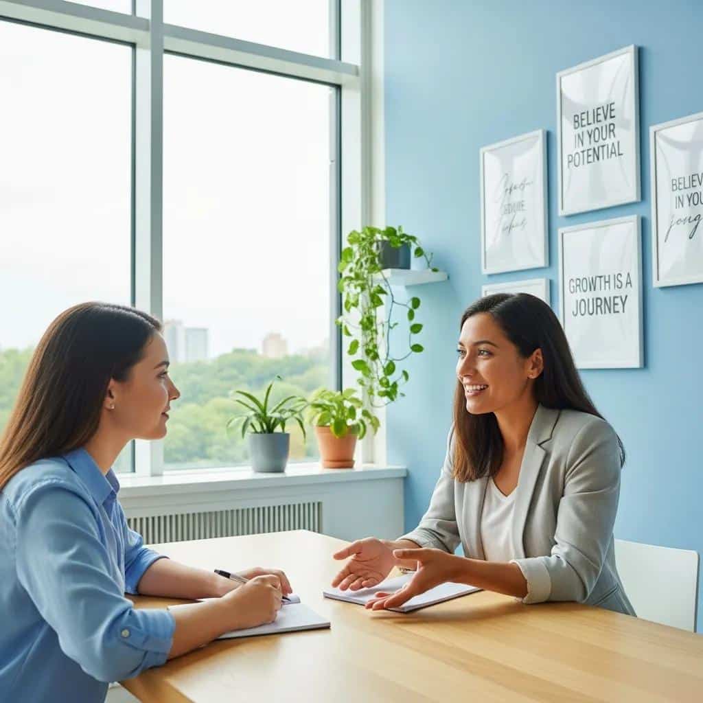 Female mentor guiding a mentee in a supportive environment, emphasizing personal growth and healing