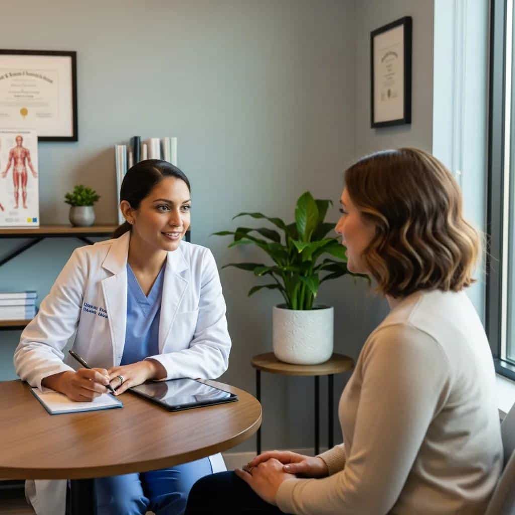 Healthcare professional conducting an intake assessment with a woman, emphasizing personalized care and comfort